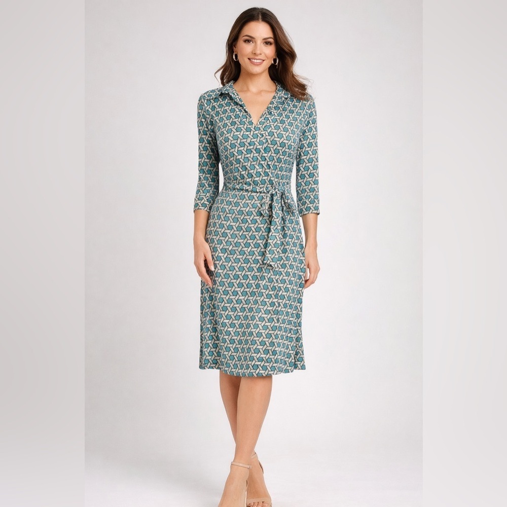 Laundry by Shelli Segal Blue/navy Print Wrap Dress 3/4 Sleeve Belt Country Club